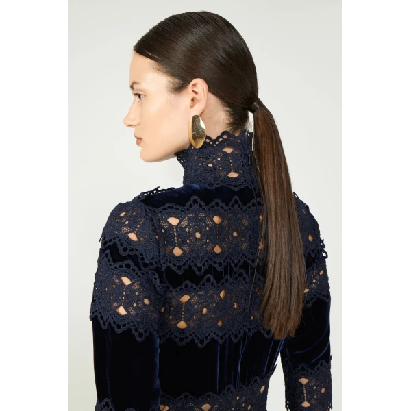 Costarellos Lissie Silk Velvet Gown in Deep Blue | Evening Gowns | Luxury Shoes 