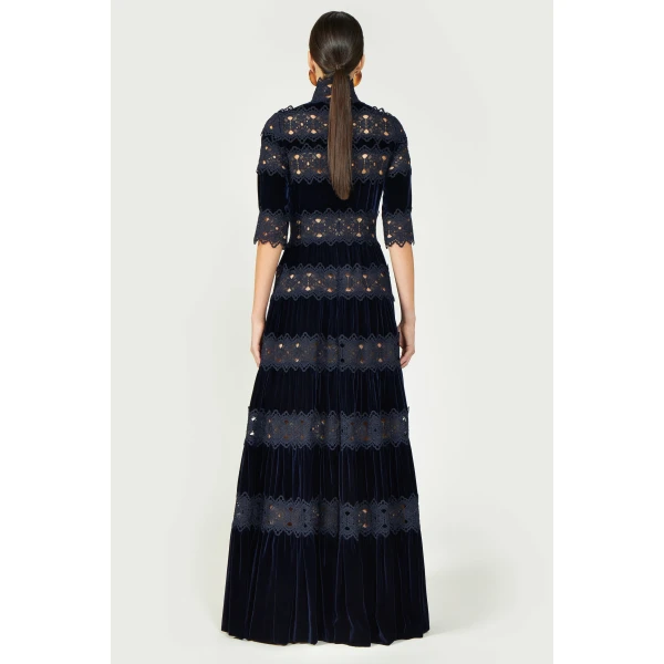 Costarellos Lissie Silk Velvet Gown in Deep Blue | Evening Gowns | Luxury Shoes 