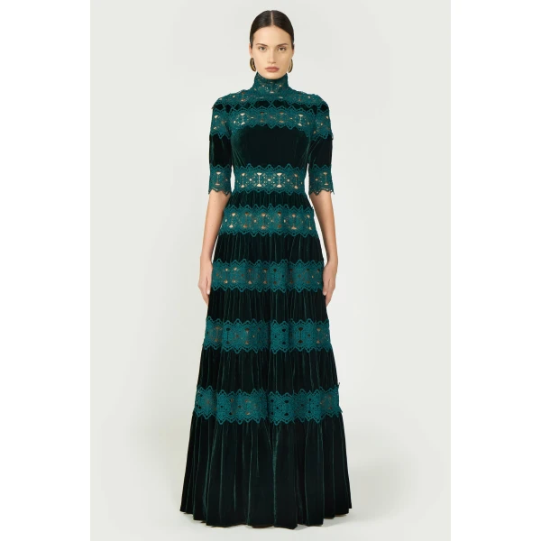 Costarellos Lissie Silk Velvet Gown in Pine Green | Evening Gowns | Luxury Shoes 