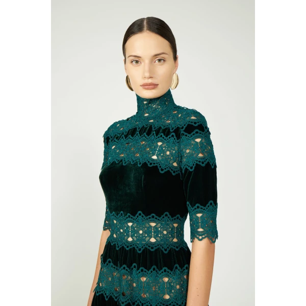 Costarellos Lissie Silk Velvet Gown in Pine Green | Evening Gowns | Luxury Shoes 