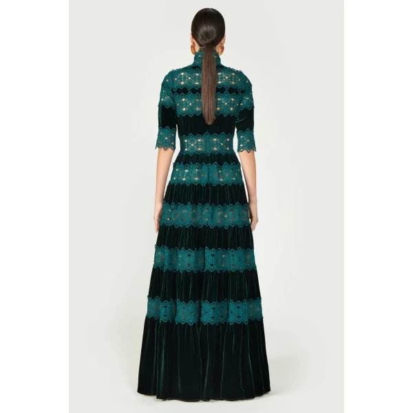 Costarellos Lissie Silk Velvet Gown in Pine Green | Evening Gowns | Luxury Shoes 