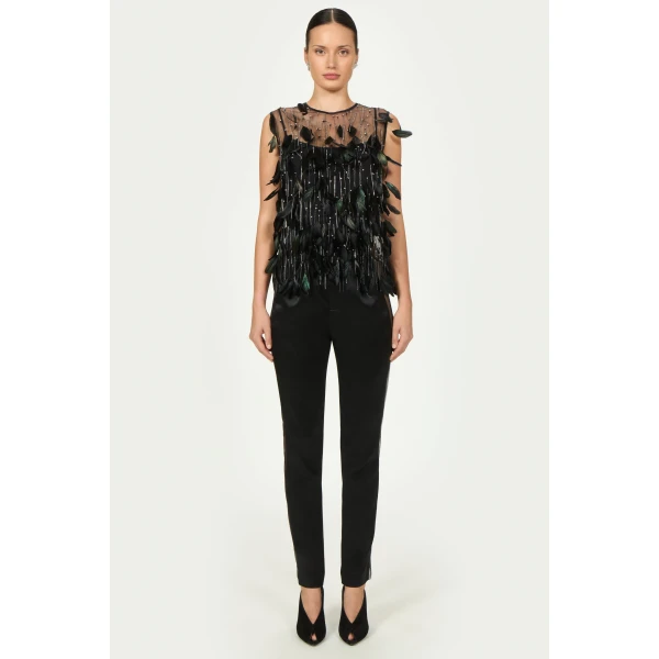 Costarellos Luneth French Tulle Feather Top in Black | Sleeveless | Luxury Shoes 
