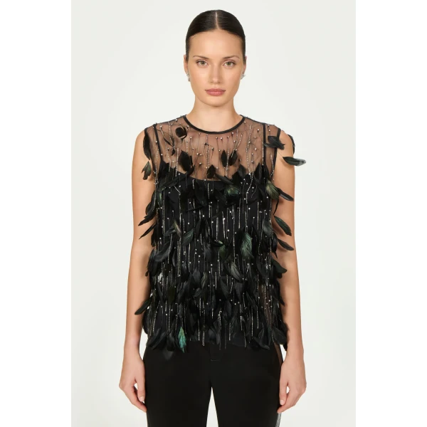Costarellos Luneth French Tulle Feather Top in Black | Sleeveless | Luxury Shoes 