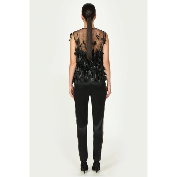 Costarellos Luneth French Tulle Feather Top in Black | Sleeveless | Luxury Shoes 