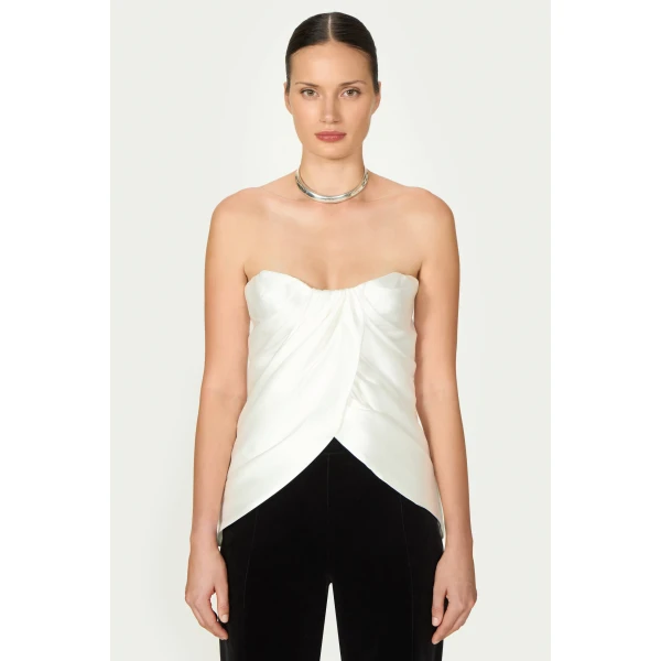 Costarellos Lyza Silk Mikado Draped Strapless Top in Off White | Tops | Luxury Shoes 