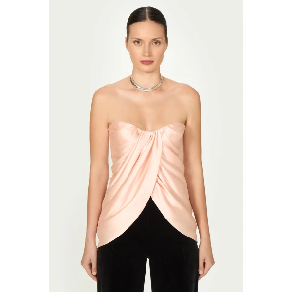 Costarellos Lyza Silk Mikado Draped Strapless Top in Salmon | Tops | Luxury Shoes 