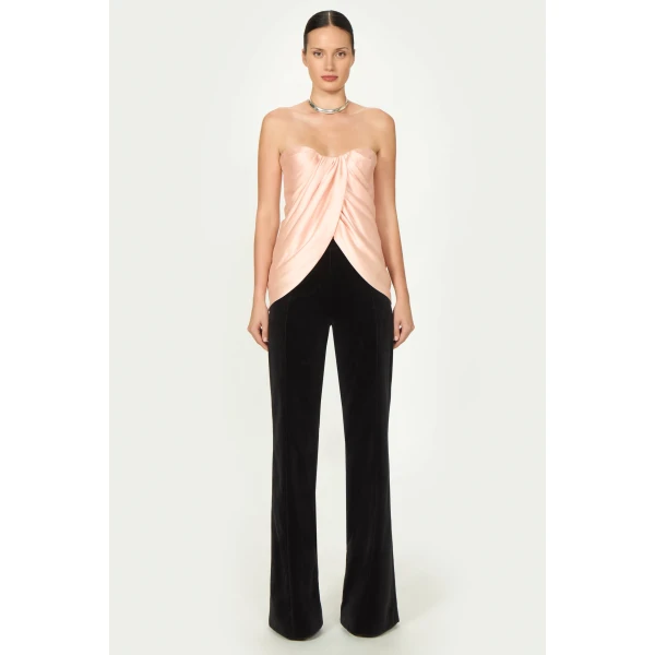Costarellos Lyza Silk Mikado Draped Strapless Top in Salmon | Tops | Luxury Shoes 