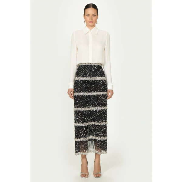 Costarellos Marice Embroidered Crystals Pencil Skirt in Black | Pencil Skirts | Luxury Shoes 