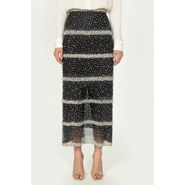 Costarellos Marice Embroidered Crystals Pencil Skirt in Black | Pencil Skirts | Luxury Shoes 