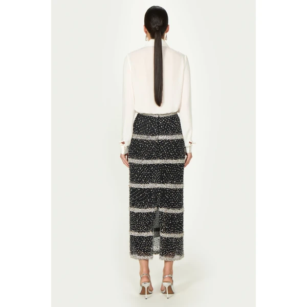 Costarellos Marice Embroidered Crystals Pencil Skirt in Black | Pencil Skirts | Luxury Shoes 