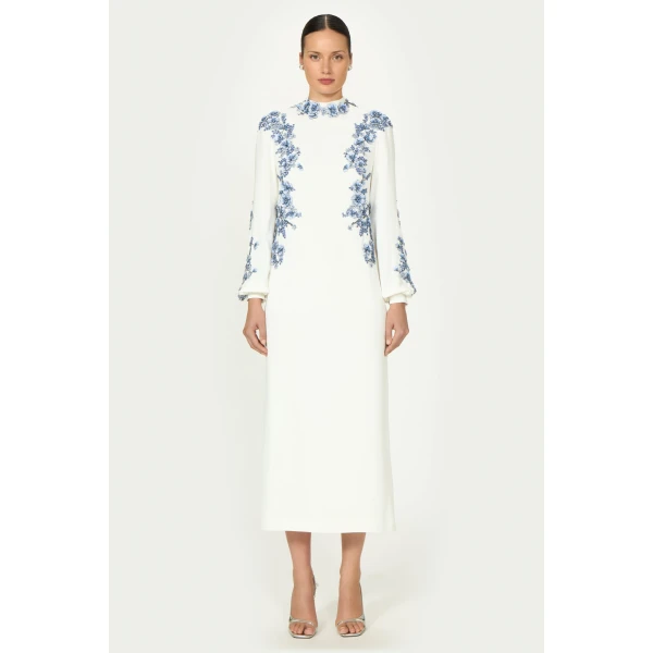 Costarellos Maristelle Crepe Column Dress in Off White | Evening Gowns | Luxury Shoes 