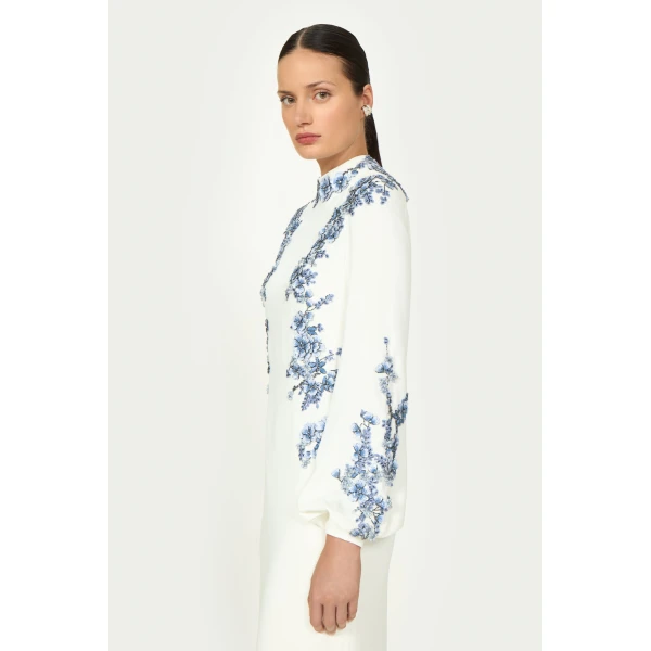 Costarellos Maristelle Crepe Column Dress in Off White | Evening Gowns | Luxury Shoes 