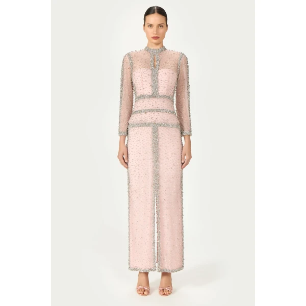 Costarellos Mellorie Embroidered Crystals Gown in Light Rose | Evening Gowns | Luxury Shoes 
