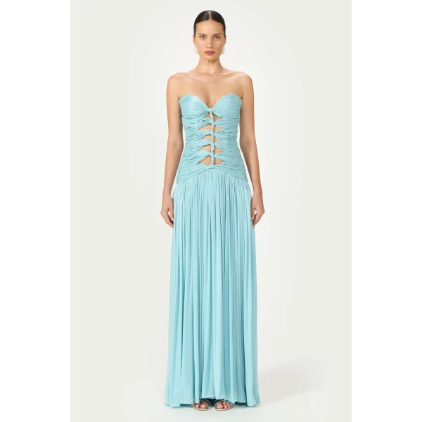 Costarellos Minari Lurex Georgette Strapless Gown in Ciel | Evening Gowns | Luxury Shoes 