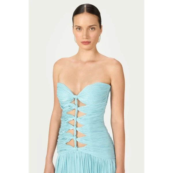 Costarellos Minari Lurex Georgette Strapless Gown in Ciel | Evening Gowns | Luxury Shoes 