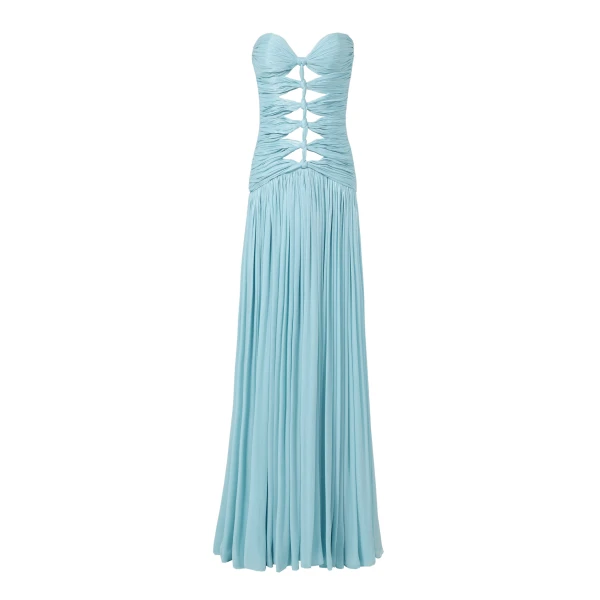 Costarellos Minari Lurex Georgette Strapless Gown in Ciel | Luxury Shoes 