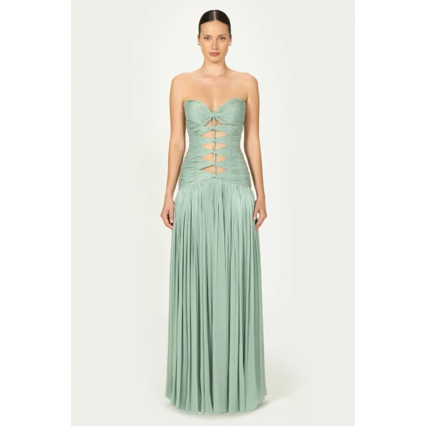 Costarellos Minari Lurex Georgette Strapless Gown in Dusty Mint | Evening Gowns | Luxury Shoes 
