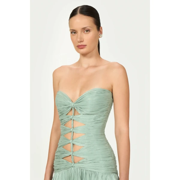 Costarellos Minari Lurex Georgette Strapless Gown in Dusty Mint | Evening Gowns | Luxury Shoes 