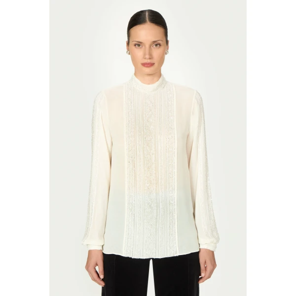 Costarellos Missa Silk Georgette Blouse in Ecru | Blouse | Luxury Shoes 