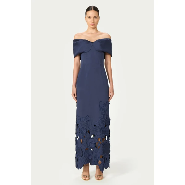 Costarellos Norelle Satin Floral-Cut Off Shoulder Dress in Navy Blue | Evening Gowns | Luxury Shoes 