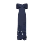 Costarellos Norelle Satin Floral-Cut Off Shoulder Dress in Navy Blue | Luxury Shoes 
