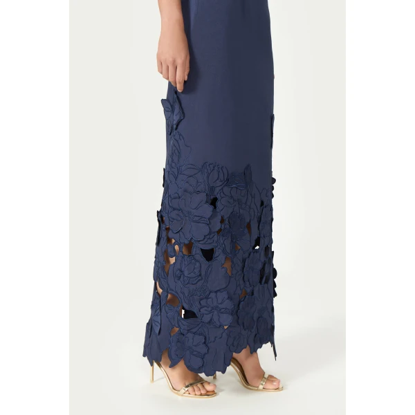 Costarellos Norelle Satin Floral-Cut Off Shoulder Dress in Navy Blue | Evening Gowns | Luxury Shoes 
