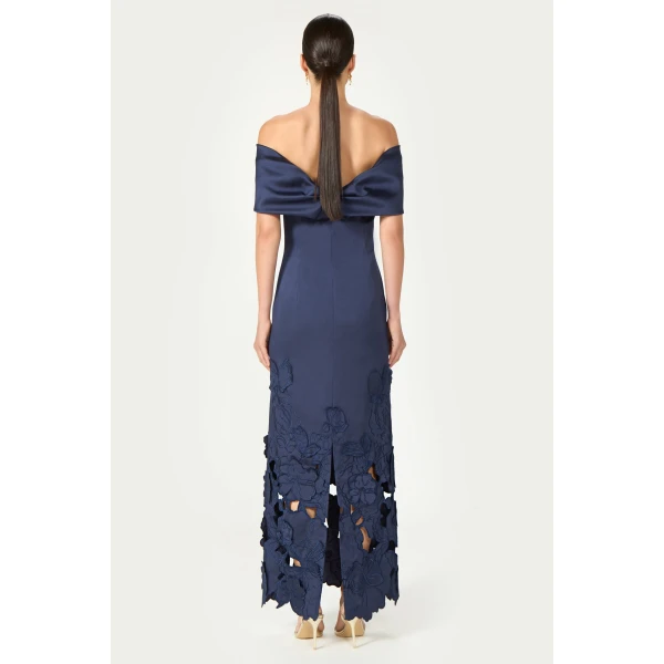 Costarellos Norelle Satin Floral-Cut Off Shoulder Dress in Navy Blue | Evening Gowns | Luxury Shoes 