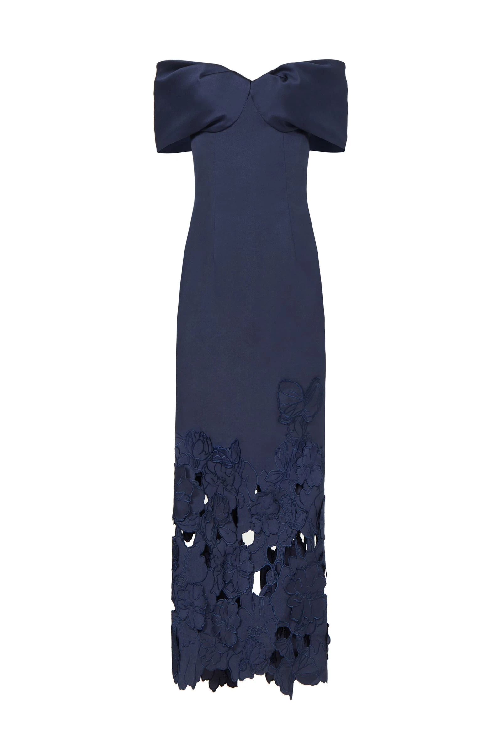 Costarellos Norelle Satin Floral-Cut Off Shoulder Dress in Navy Blue Costarellos Norelle Satin Floral-Cut Off Shoulder Dress in Navy Blue | Luxury Shoes