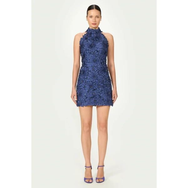 Costarellos Orissa Petal Lurex Satin Halter Mini Dress in Navy Blue | Mini Dresses | Luxury Shoes 