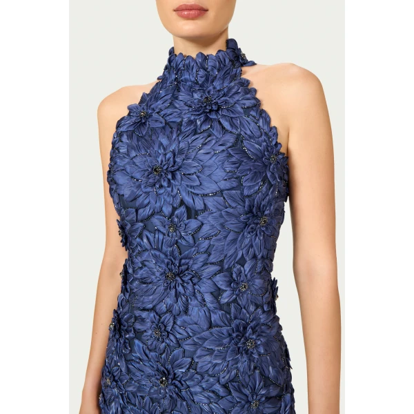 Costarellos Orissa Petal Lurex Satin Halter Mini Dress in Navy Blue | Mini Dresses | Luxury Shoes 