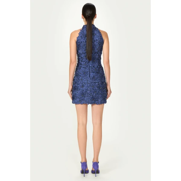 Costarellos Orissa Petal Lurex Satin Halter Mini Dress in Navy Blue | Mini Dresses | Luxury Shoes 
