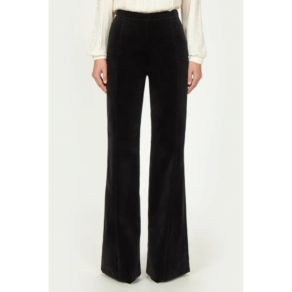 Costarellos Padra Cotton Velvet Flared Trousers in Black | Pants | Luxury Shoes 