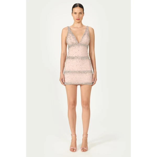 Costarellos Palla French Tulle Crystal Mini Dress in Light Rose | Mini Dresses | Luxury Shoes 