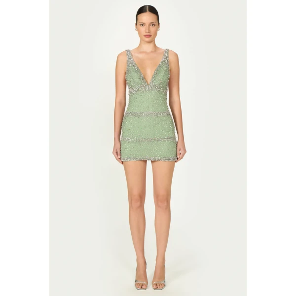 Costarellos Palla French Tulle Crystal Mini Dress in Sage Green | Mini Dresses | Luxury Shoes 