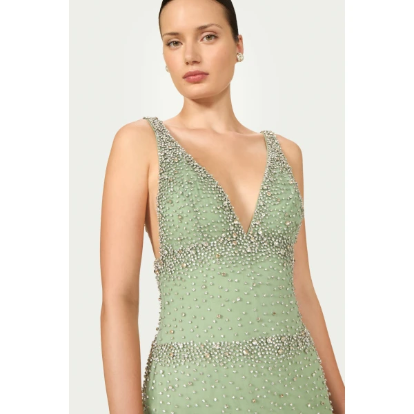 Costarellos Palla French Tulle Crystal Mini Dress in Sage Green | Mini Dresses | Luxury Shoes 
