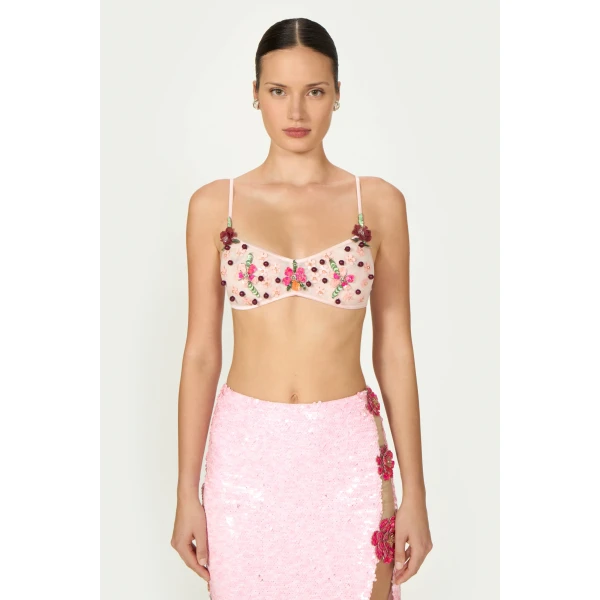 Costarellos Primma Tulle Embellished Bralette in Pink | Cropped Top | Luxury Shoes 