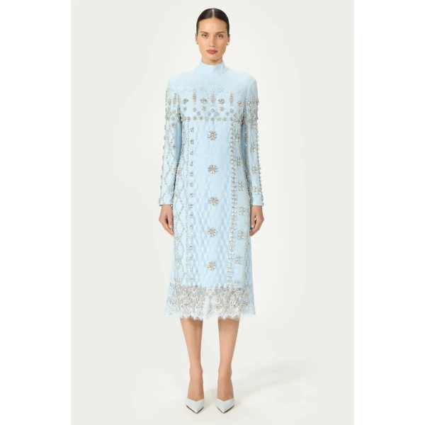 Costarellos Shayna Beaded French Lace Crepe Midi Dress in Light Blue | Midi Dresses | Luxury Shoes 