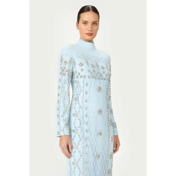 Costarellos Shayna Beaded French Lace Crepe Midi Dress in Light Blue | Midi Dresses | Luxury Shoes 