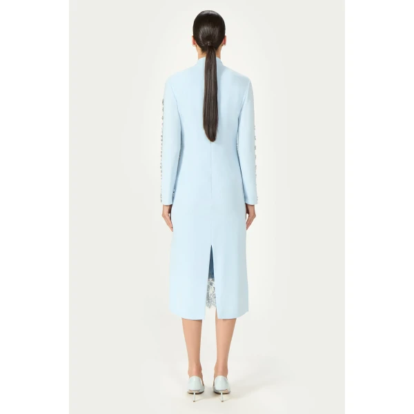 Costarellos Shayna Beaded French Lace Crepe Midi Dress in Light Blue | Midi Dresses | Luxury Shoes 