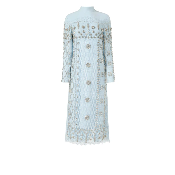 Shayna Beaded French Lace Crepe Midi Dress in Light Blue