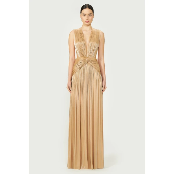 Costarellos Silla Lurex Georgette Gown in Beige Gold | Evening Gowns | Luxury Shoes 