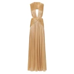 Costarellos Silla Lurex Georgette Gown in Beige Gold | Luxury Shoes 