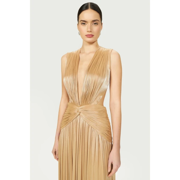 Costarellos Silla Lurex Georgette Gown in Beige Gold | Evening Gowns | Luxury Shoes 