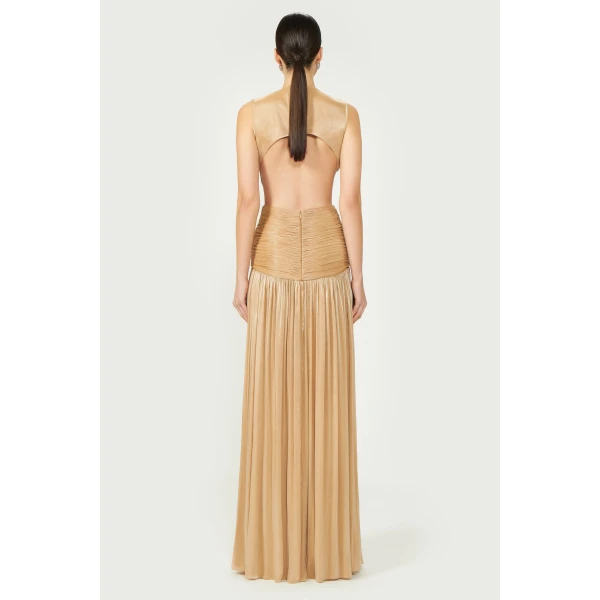 Costarellos Silla Lurex Georgette Gown in Beige Gold | Evening Gowns | Luxury Shoes 