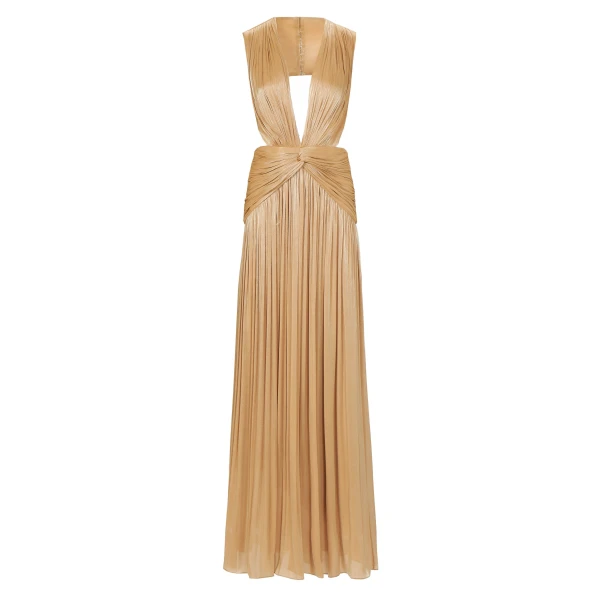 Silla Lurex Georgette Gown in Beige Gold