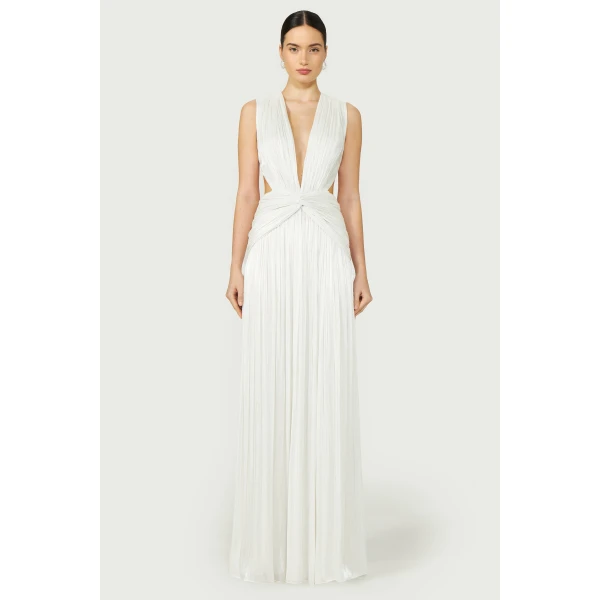 Costarellos Silla Lurex Georgette Gown in Off White | Evening Gowns | Luxury Shoes 