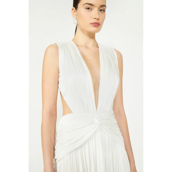 Costarellos Silla Lurex Georgette Gown in Off White | Evening Gowns | Luxury Shoes 