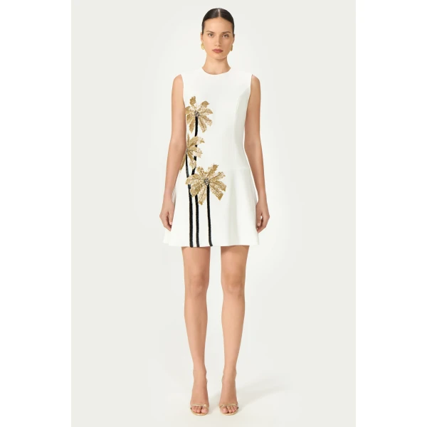 Costarellos Tazia Crepe Mini Dress in Off White | Mini Dresses | Luxury Shoes 