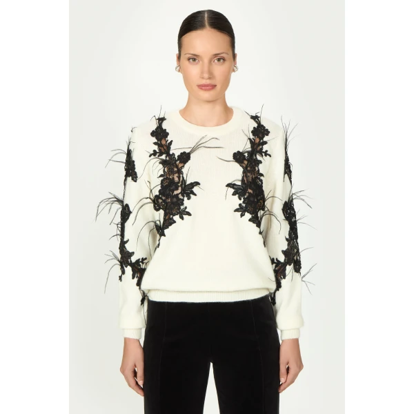 Costarellos Terena Mohair Wool Lace Sweater in Off White | Sweaters | Luxury Shoes 