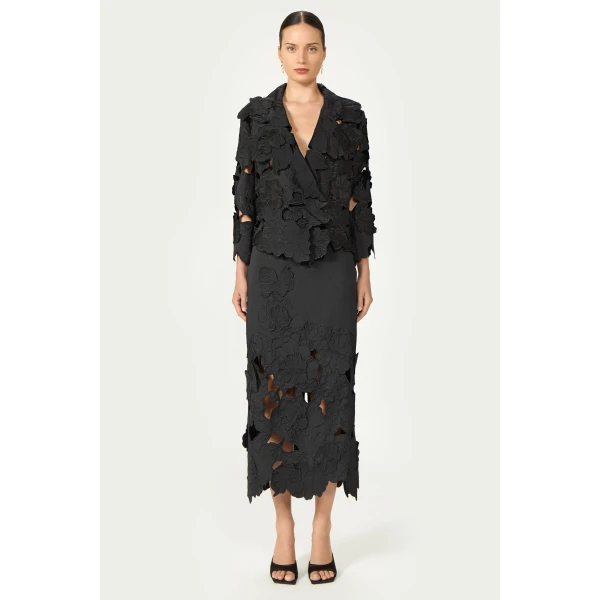 Costarellos Tesha Floral-Cut Satin Jacket in Black | Jackets | Luxury Shoes 